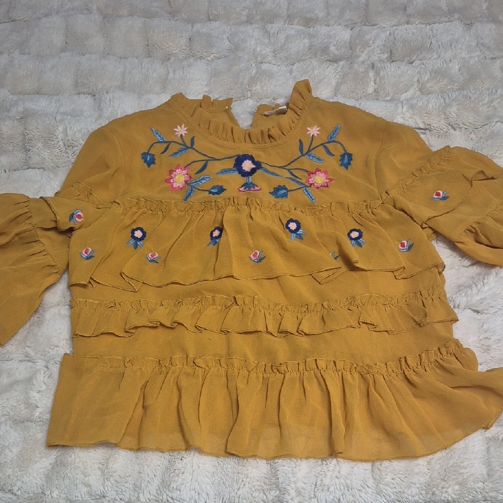 Chic Mustard Ruffle Blouse with Floral Embroidery